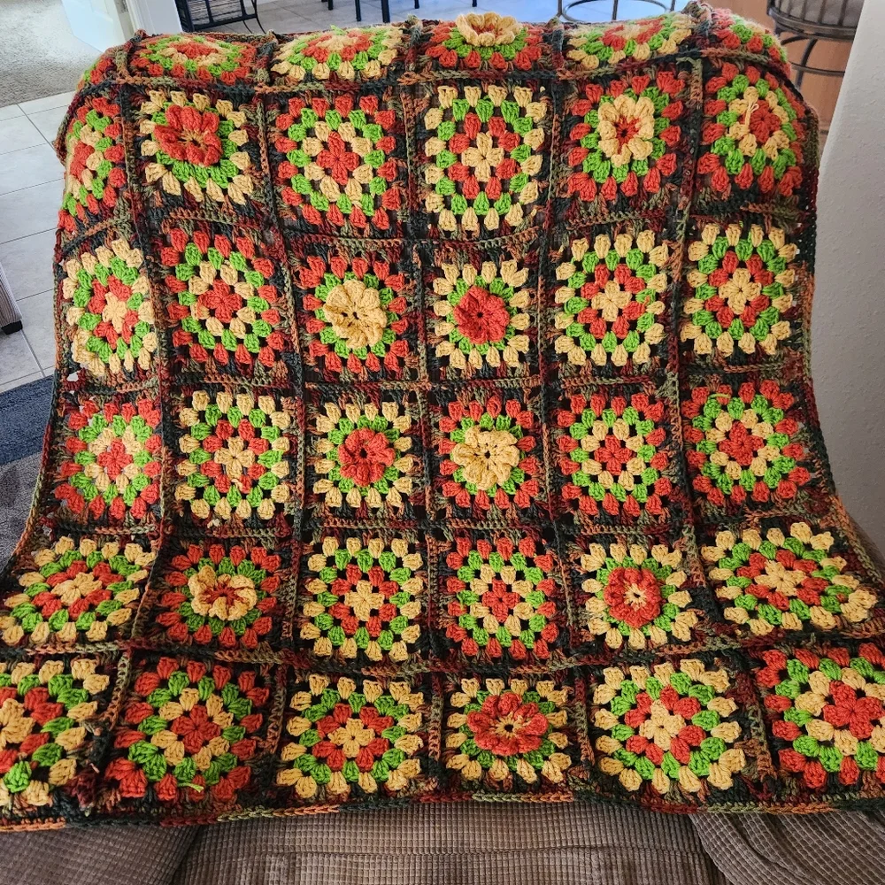 Vintage 1970's Handcrafted Multicolor Crochet Blanket